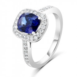 18ct White Gold Cushion Cut 1.75ct Sapphire & Diamond Halo Ring