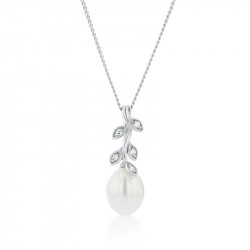 9ct White Gold Fresh Water Pearl & Diamond Leaf Pendant